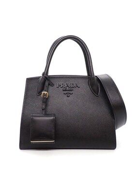 Prada Shoulder Bag Monochrome Small Nero Saffiano Cuir Leather Gold